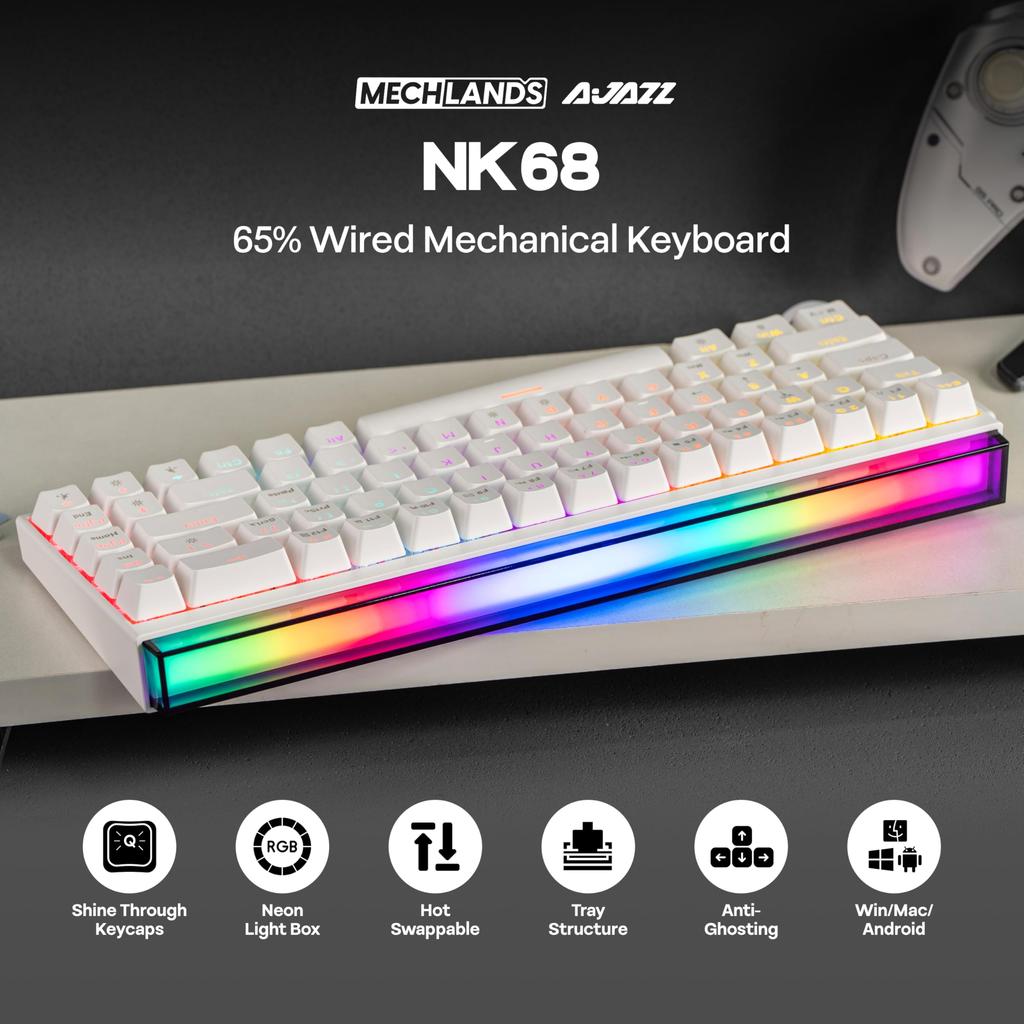 MechLands AJAZZ NK68 Wired Gaming Keyboard with Compact Mechanical Compatible with Lightbox, 65% Keyboard, Hot-Swap Compatible, Shine-Through Keycaps,