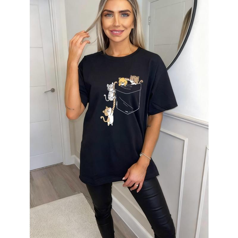 Cute Cat Pocket Print Oversized T Shirt Black Cartoon Cats In Pocket Design Casual Wear For Women Summer Outfit Streetwear Fashion