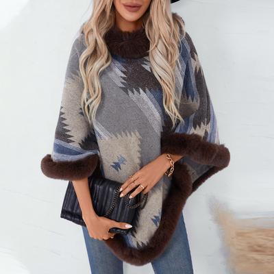 Women's Autumn and Winter Large-size Jacket Fur Collar Geometric Pattern Cape Shawl Sweater Jacket 6 Colors