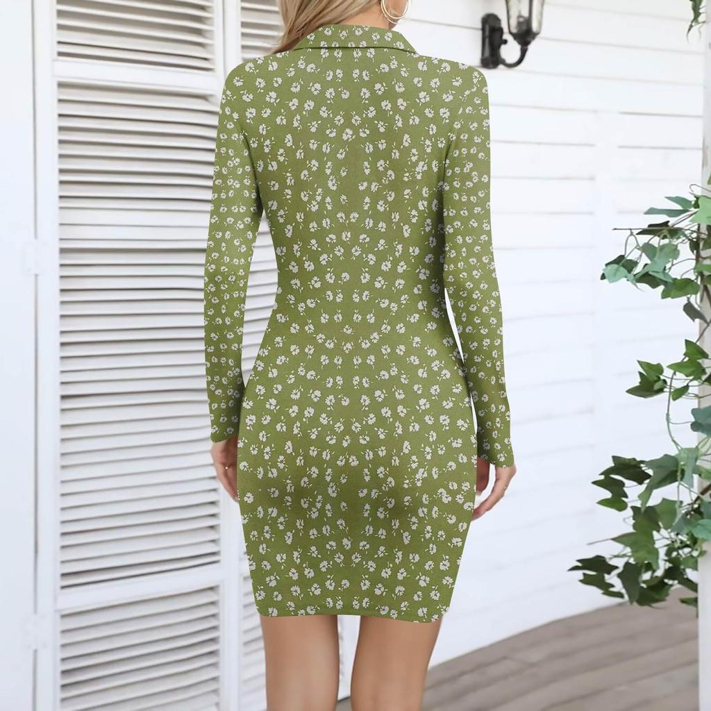 Women's V-neck Casual Print Long-sleeved Fitted Dress