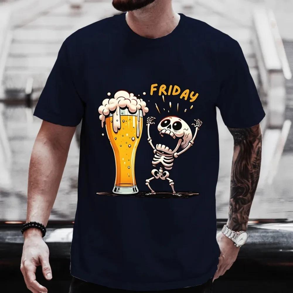 Skeleton Enjoying FRIDAY Beer Men's T-shirts  Graphic T Shirts Friends Drinking DAY Party Tops Tees Matching Outfit Y2k Clothes