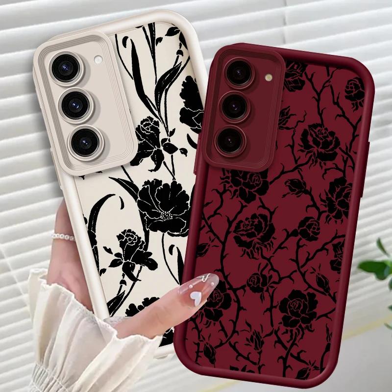 Black Rose Flower INS For Samsung Galaxy Case S24 S23 S22 S21 Ultra Plus Fe A55 A54 A53 A52 A35 A25 A15 A14 5G Phone Y2k Cover