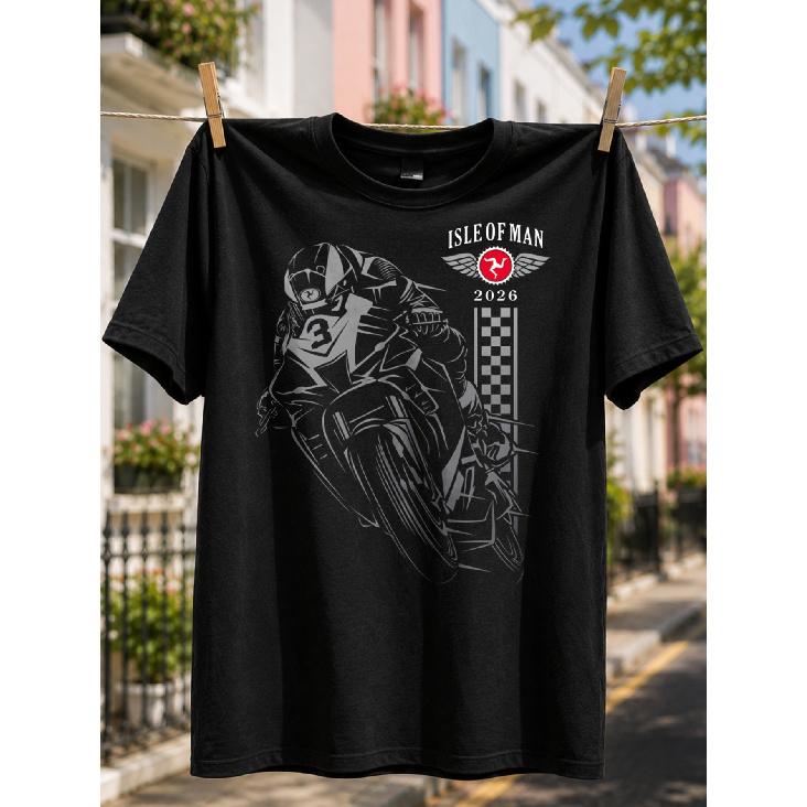 T-shirt da uomo stile Racing Moto/Design Grafico Isle of Man 2026/Abbigliamento Estivo e Primaverile per Appassionati di Moto/Vestibilità Larga Girocollo Moda