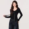 Women's Autumn and Winter Black Long-sleeved Sweater Polka-dot Tie Decoration Slim Fit T-shirt