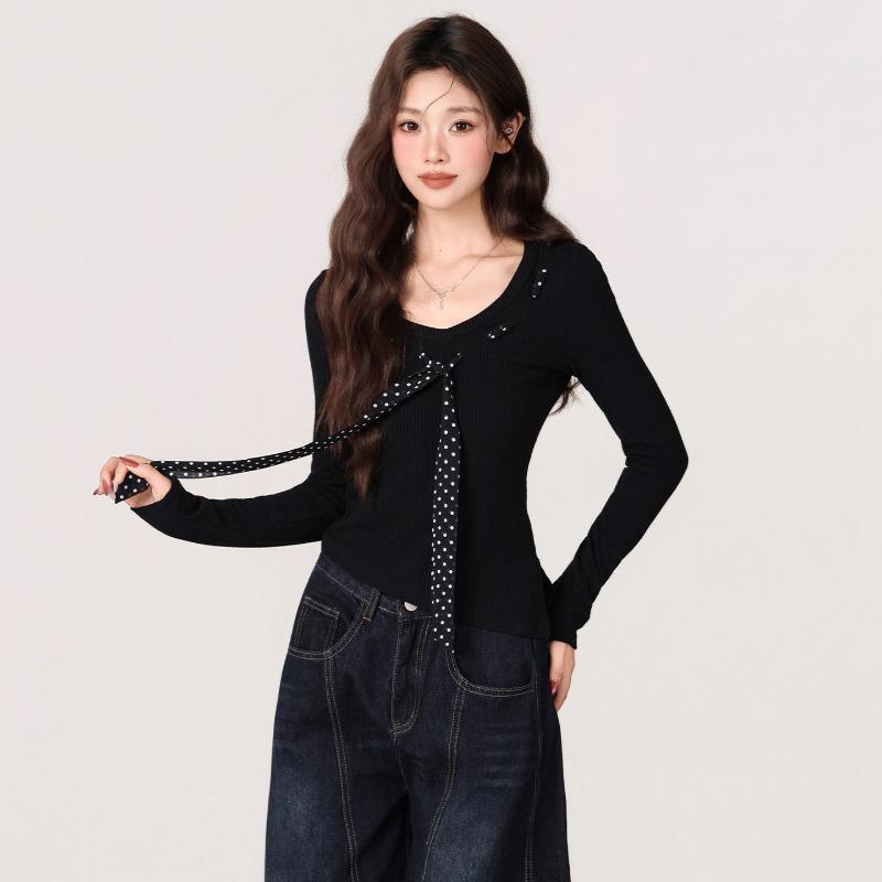 Women's Autumn and Winter Black Long-sleeved Sweater Polka-dot Tie Decoration Slim Fit T-shirt