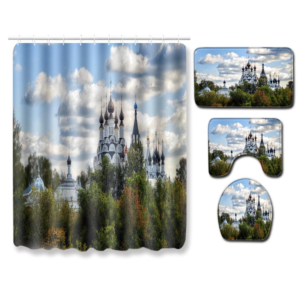 Landscape Shower Curtain Floor Mat Combination Four-Piece Set Bathroom Toilet Carpet Shower Room Mat Foot Mat