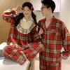Korean Couple's Red Plaid Lace Long Sleeve Pajamas