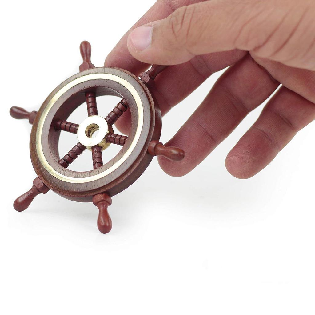 Hand Crafted Premium Nautical Wooden Ship Wheel | Exclusive Pirate's Wall Decor | Ocean  (Natural Wood - Brass Ring, 4 Inches)