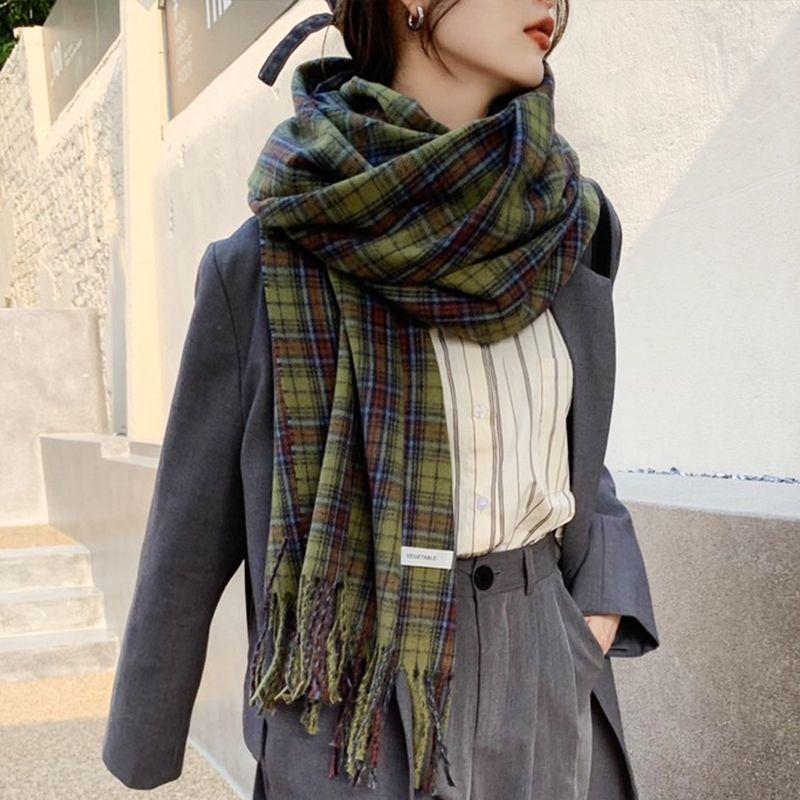 

Retro Green Plaid Scarf Women s Imitation Cashmere Winter Scarf Niche Japanese Style Warm Korean Style Scarf 70*200cm