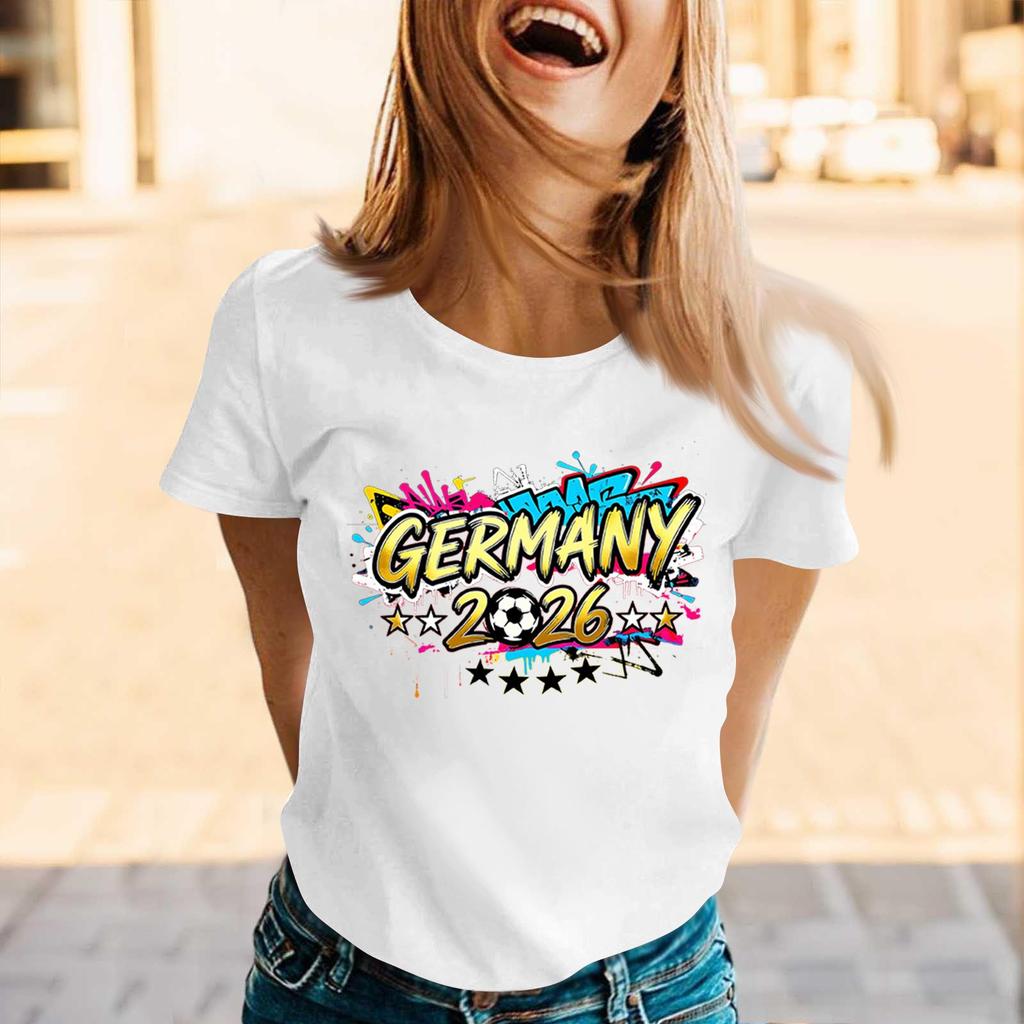 Womens Casual Crew Neck Short Sleeve Pullover T Shirt with Germany 2026 Letter Print Graphic for Soccer Supporters Top