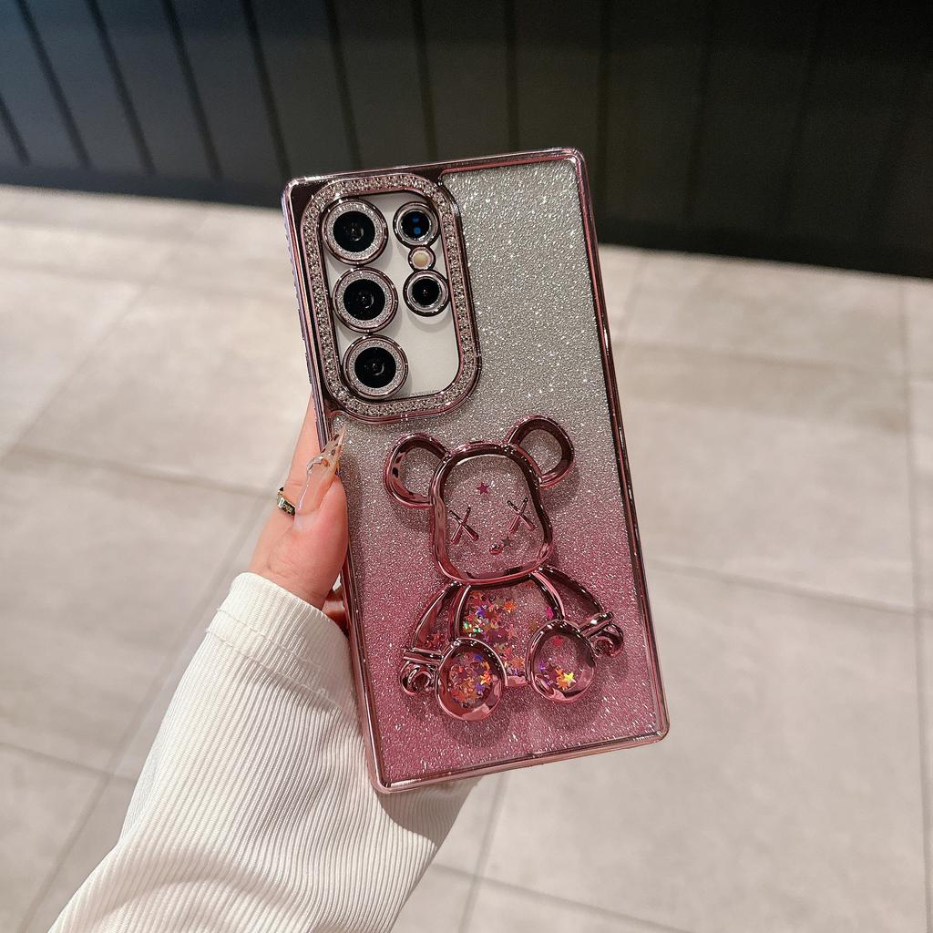 Glitter Suitable for Samsung S25Ultra Quicksand Violent Bear Mobile Phone Case with Rhinestone Lens S24p Electroplating Protective Case