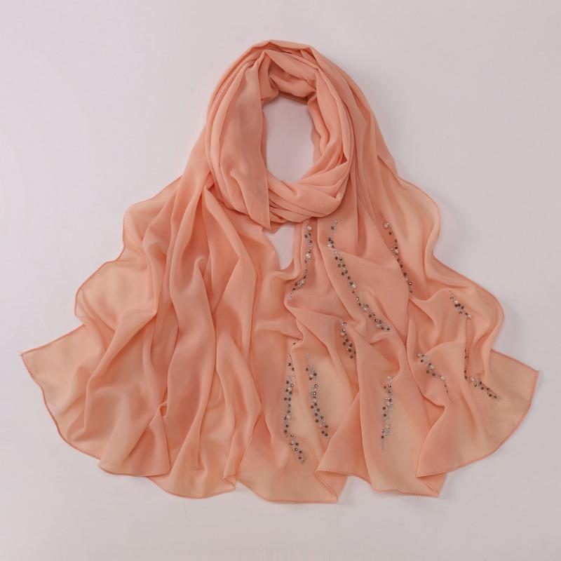 Chiffon Long Scarf With Rhinestones Beads Ethnic Headscarf For Women