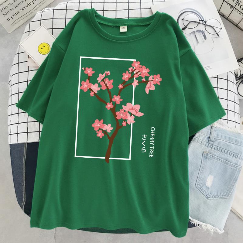 Cherry Tree In Full Bloom Printing Female Tshirt Street Breathable T Shirt Soft Fashion Short Sleeve Oversized Sport T Shirts