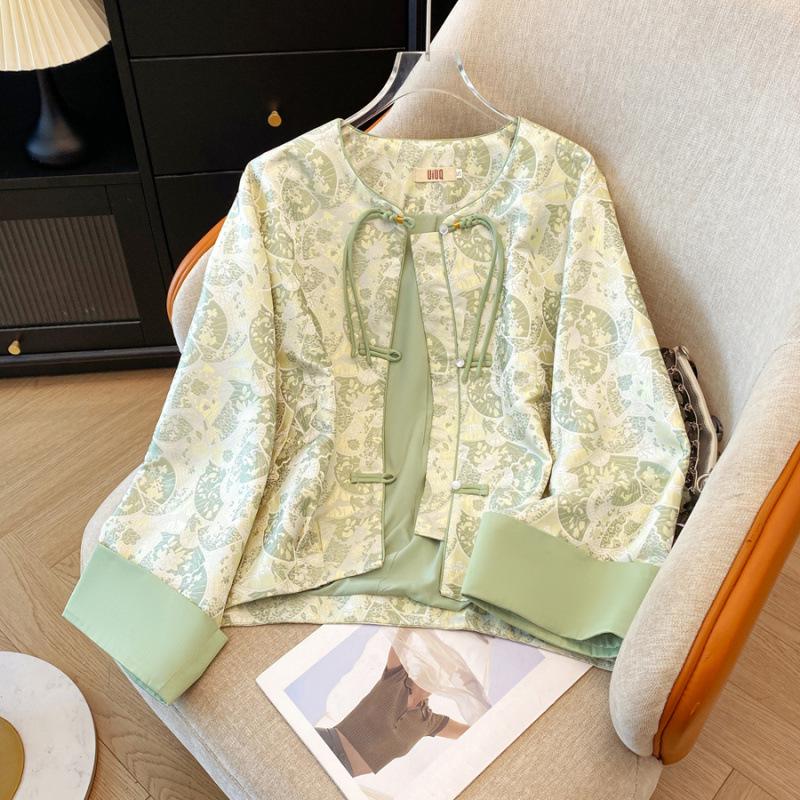 Middle-Aged Women s Silk Jacquard Satin Retro Top - Plus Size XL
