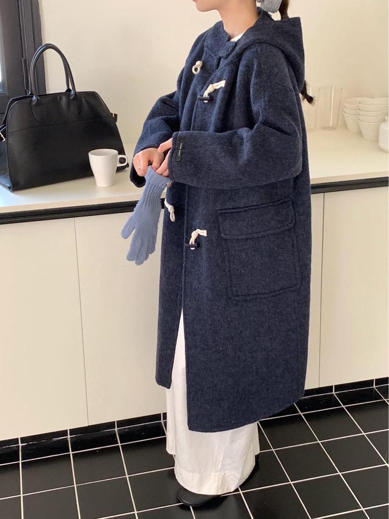 Korean Style Hooded Wool Coat: Women's Mid-Length Double-Faced Cashmere Overcoat with Toggle Buttons for a Slimming Autumn Look