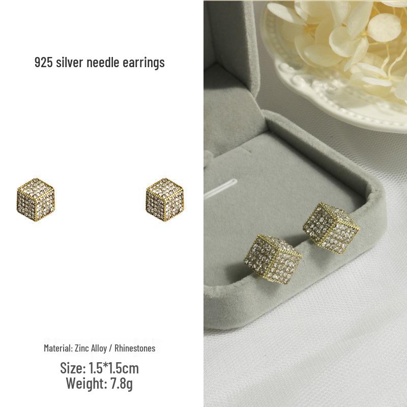 Korean-Japanese Retro Ethnic 3D Rhinestone Square Stud Earrings, 925 Silver Needle, Women s Summer Style
