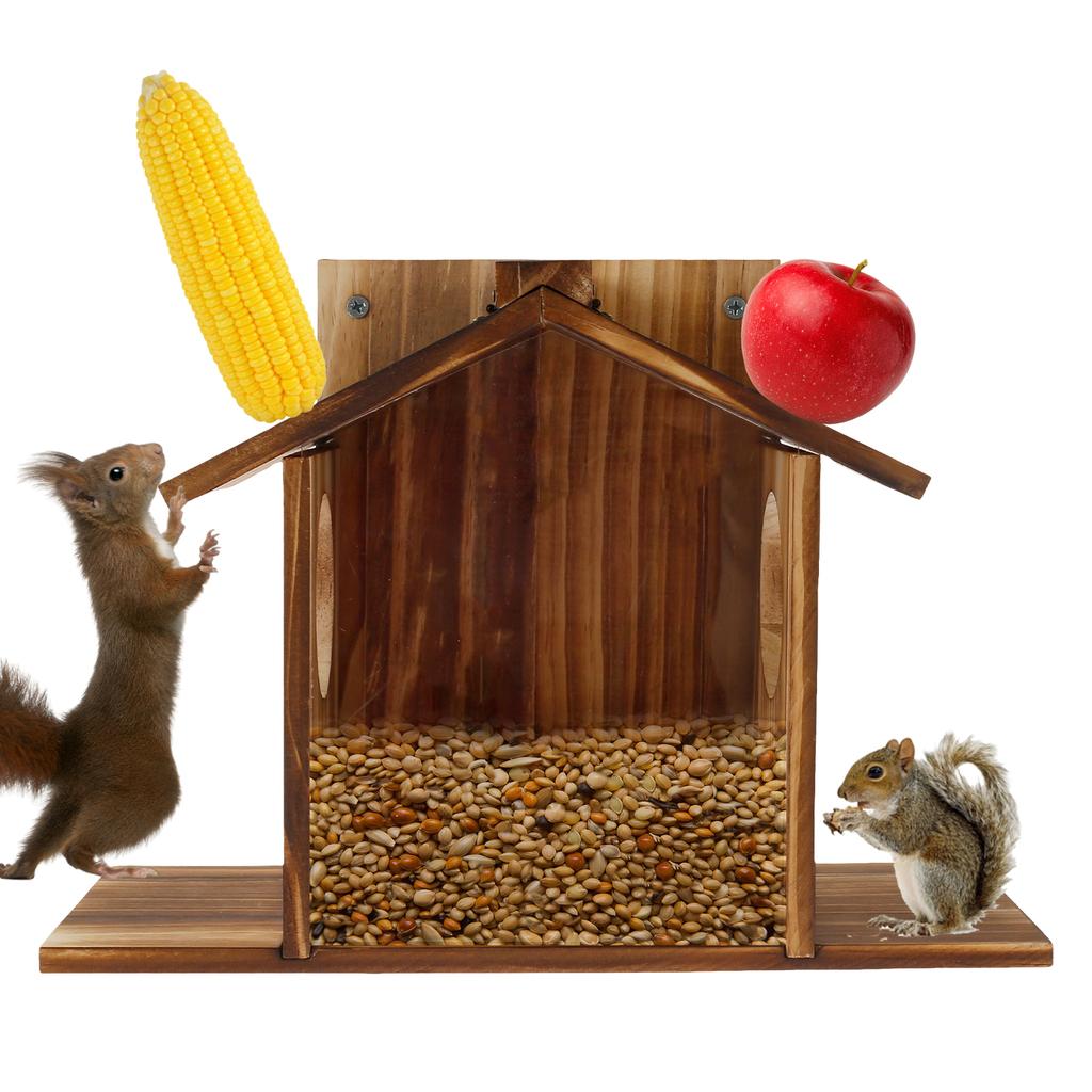 Wooden Squirrel Feeder Large Capacity Squirrel Feeder House with Roof Squirrel Feeding Stations Garden Decor for Corn Peanuts