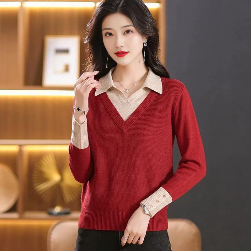 

Рубашка на пуговицах с лацканами, новый внутренний свитер, женский вязаный короткий топ, рубашка-обманка из двух частей, осень и зима average size красный