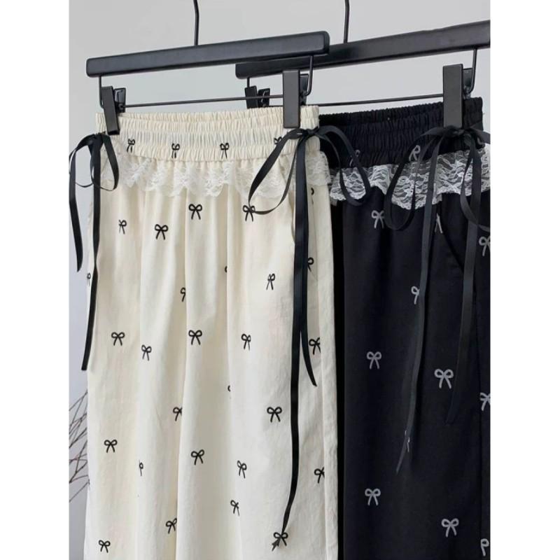 Women's Spring and Summer Bow Lace Patchwork Wide Leg Pants, Loose and Casual Lazy Pants