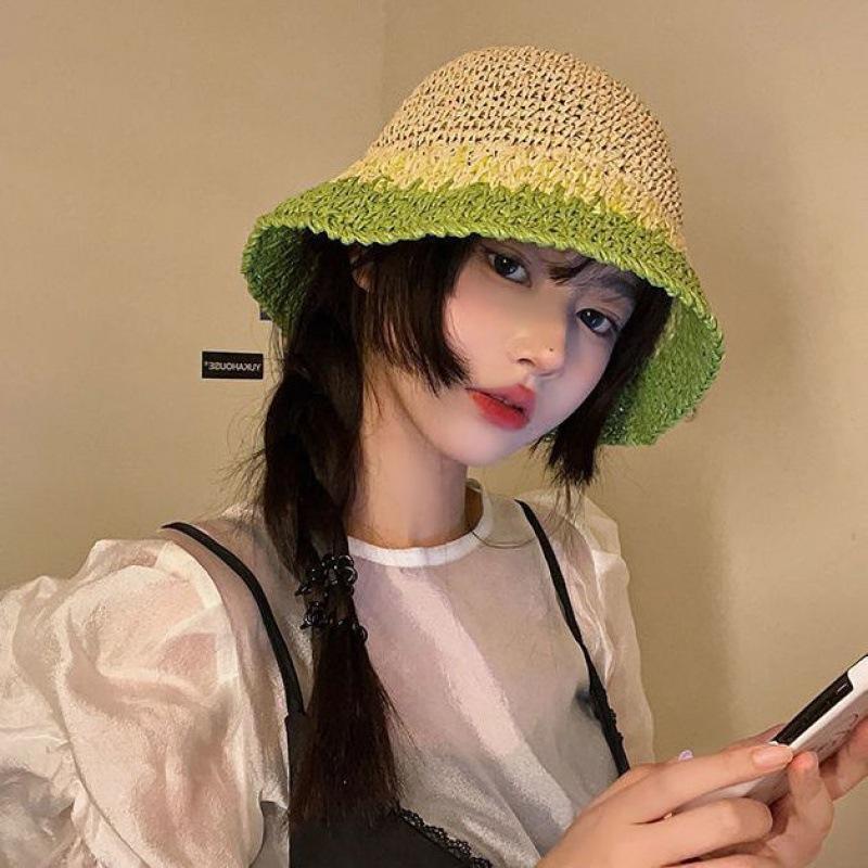Weaving bucket hat women's summer breathable big head circumference showing face small hat UV protection sunshade sun protection hat