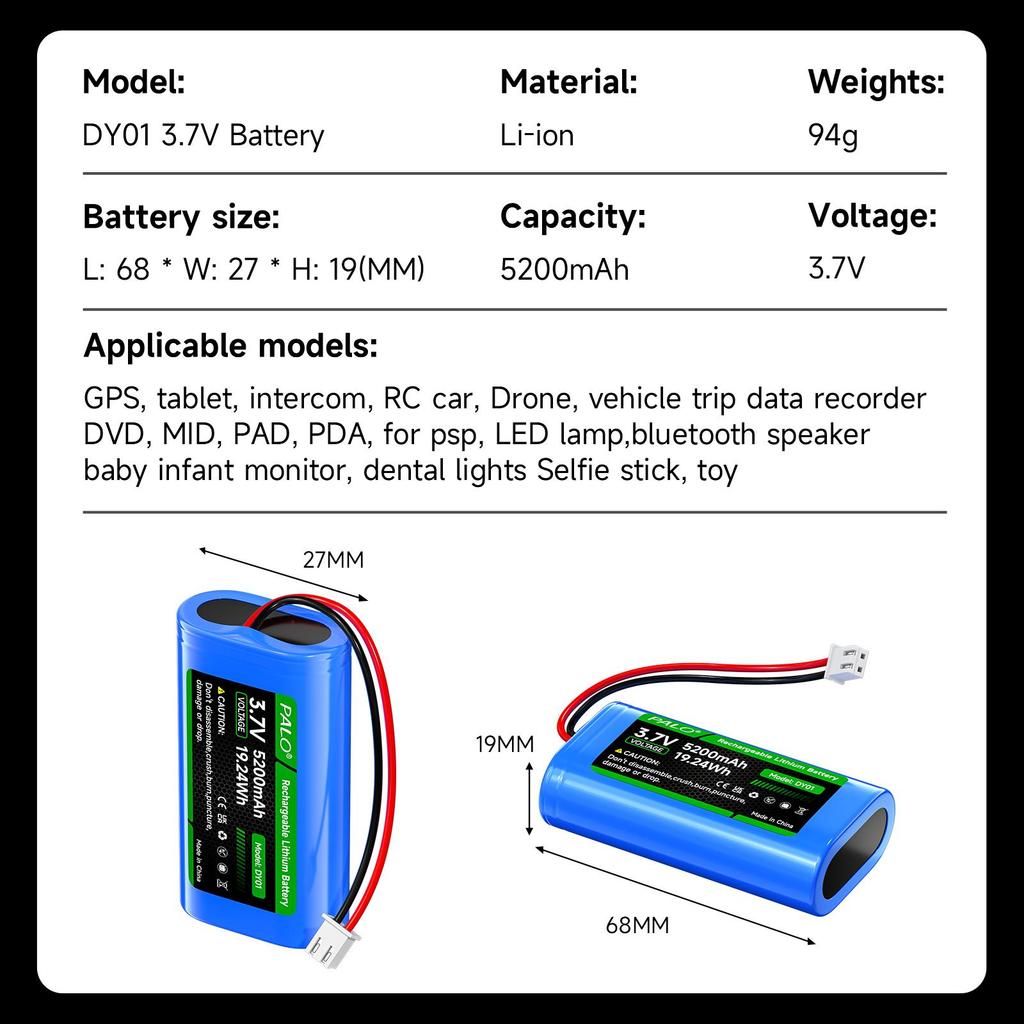 3.7V Lithium Battery Pack 5200mAh Replacement Batteries for GPS,intercom,RC Car,vehicle Trip Data Recorder,bluetooth Speaker