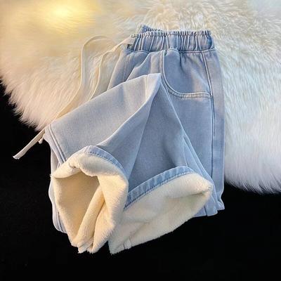 Calça jeans grossa de veludo quente com forro de perna larga, moda cintura alta, lavagem, nova, vaqueros, outono inverno, clássica, para neve, feminina, jeans