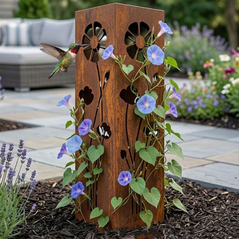 Stable Tall Metal Garden Ornament With Intricate Carving Artistic Garden Stake Suitable For Porch And Deck Display