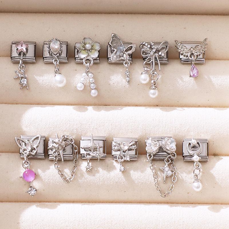 Women Zircon Heart Butterfly Moon Star Bow Pearl Pendant Italian Charm Links Fit 9mm Stainless Steel Bracelet DIY Making Gifts