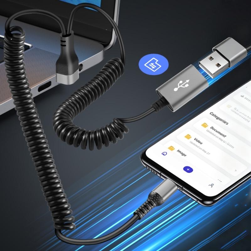 2 in 1 90 Degree Elbow USB Fast Charging Cable 66W Type C Spring Retracted Cable for Latop Car Charging Accessories