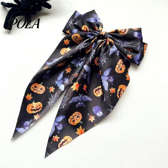 Ghost Hair Clip Halloween Silky Satin Bows for Women, Big Ribbon Bow Clips Girls, Long Streamer Oversized Tail Barrettes, Cute Bat Spider Web Pumpkin