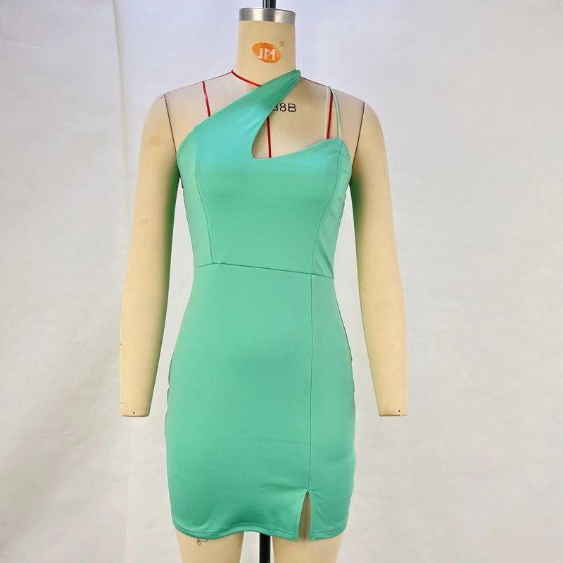 

Fashion Style New Sexy Sloping Shoulder Backless Sheath Dress Sexy Diagonal Shoulder Dress Green S