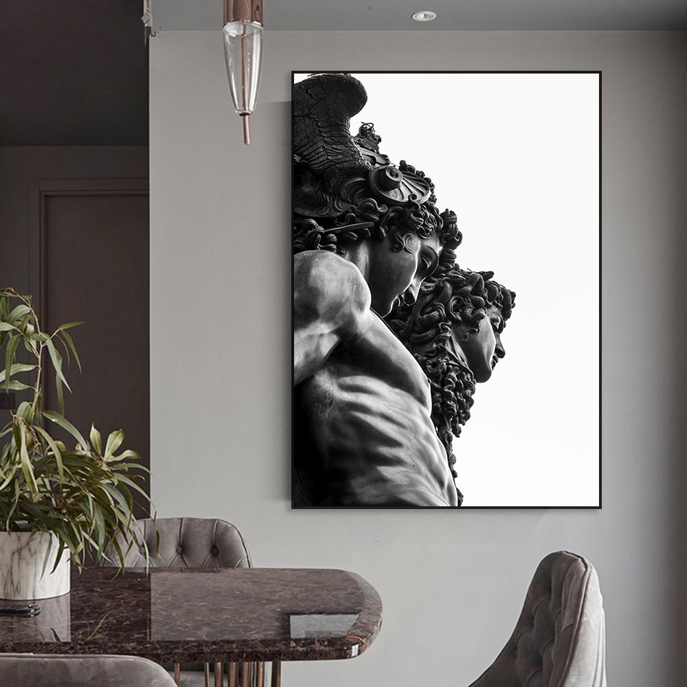 Perseus with the Head of Medusa Poster Black and White Ancient Greek God Wall Art Prints Canvas Painting Home Room Decoration