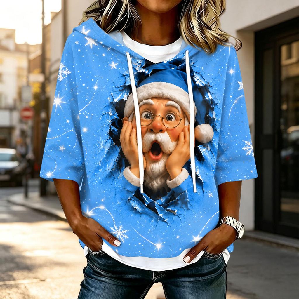 Women's Casual 3/4 Sleeve Hooded T-Shirt with Christmas Print
