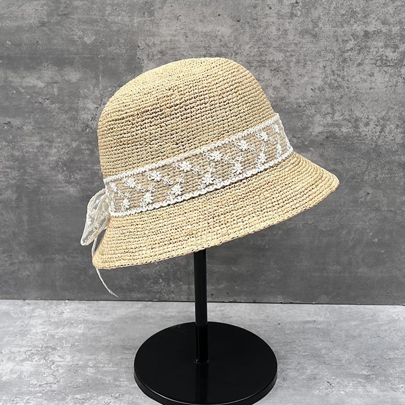 Lace Bow Short Brim Raffia Sunscreen Hat Women'S Hand Knitted Bucket Hat Summer Outing Sunshade Straw Hat