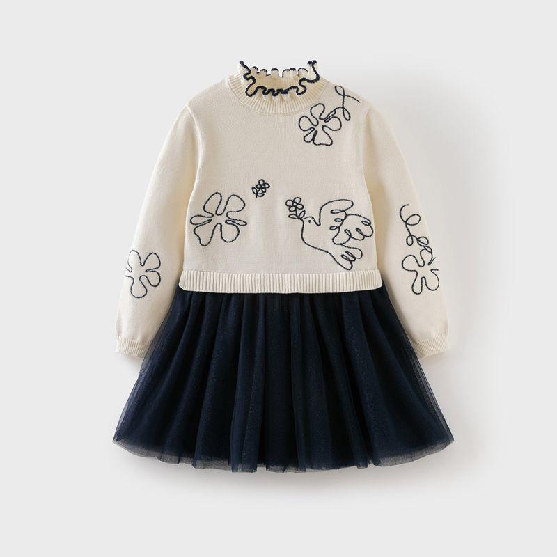 David Bella Medium and Large Children s Mesh Dress 2026 Spring New Style Girls  Long-Sleeved Fake Two-Piece Sweater Dress Navy Blue [Ready in Stock] 110