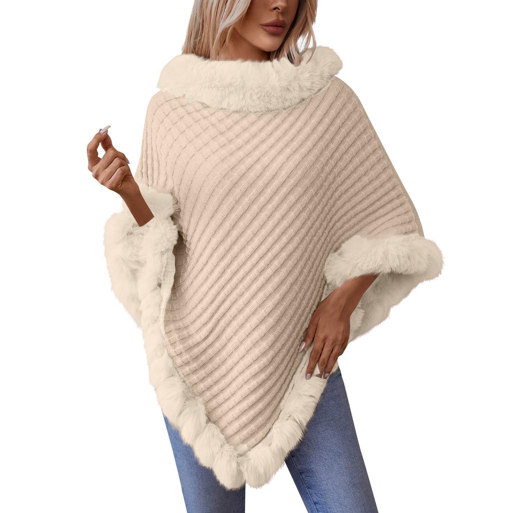 Women's Color Wool Collar Pullover Sweater Thick Vintage Plaid Knitted Cloak Shawl For Party