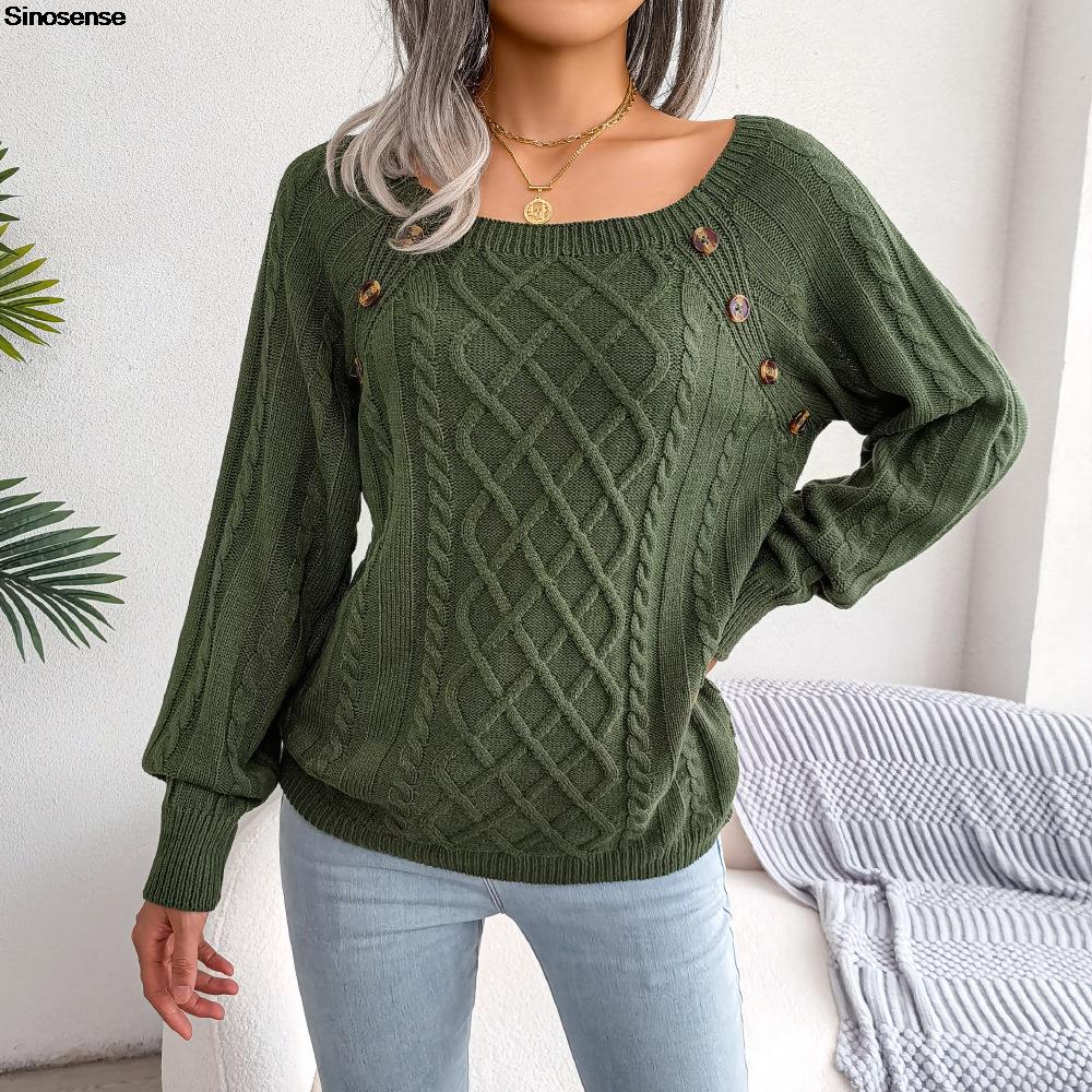 Womens Autumn Winter Cable Knit Sweater Solid Color Square Neck Buttons Long Sleeve Ribbed Knitted Pullover Loose Jumpers Tops