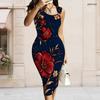 Women Plus Size Asymmetric Ring Strap Sleeveless Floral Printed White Bodycon Midi Dress