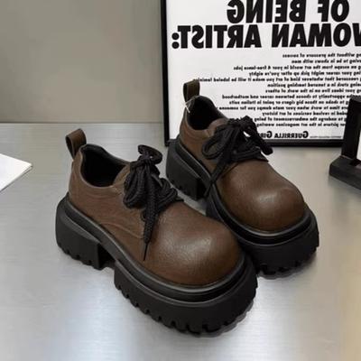 Fashion 2024 Autumn and Winter Women's Fashionable British Style Small Leather Shoes Thick-soled Comfortable Lace-up High-heeled Shoes