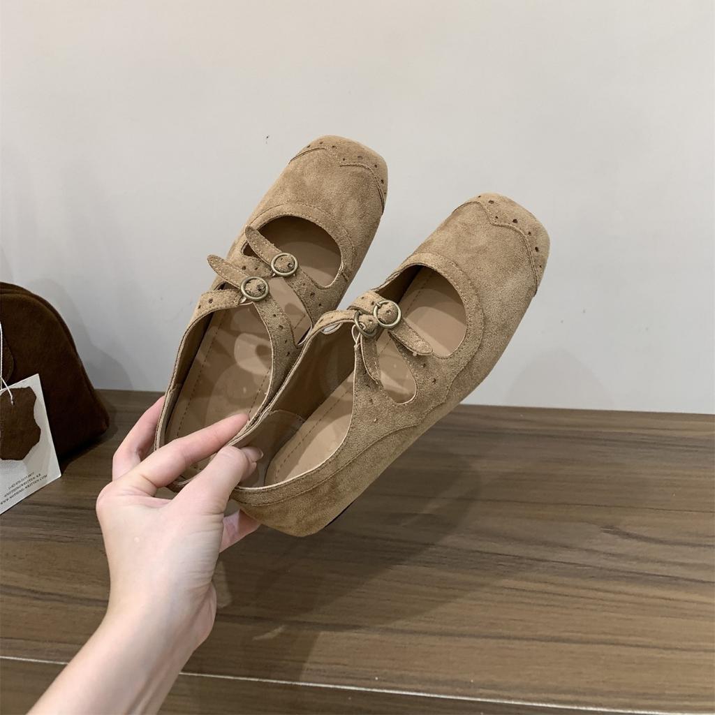 Retro Mary Jane Einzel-Schuhe aus Wildleder mit flachem Boden Damenschuhe 2025 neu Herbst Rock Ballett Abendschuhe