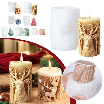Molde de silicona 3D para vela cilíndrica con diseño de árbol de Navidad tallado, copo de nieve y alce.