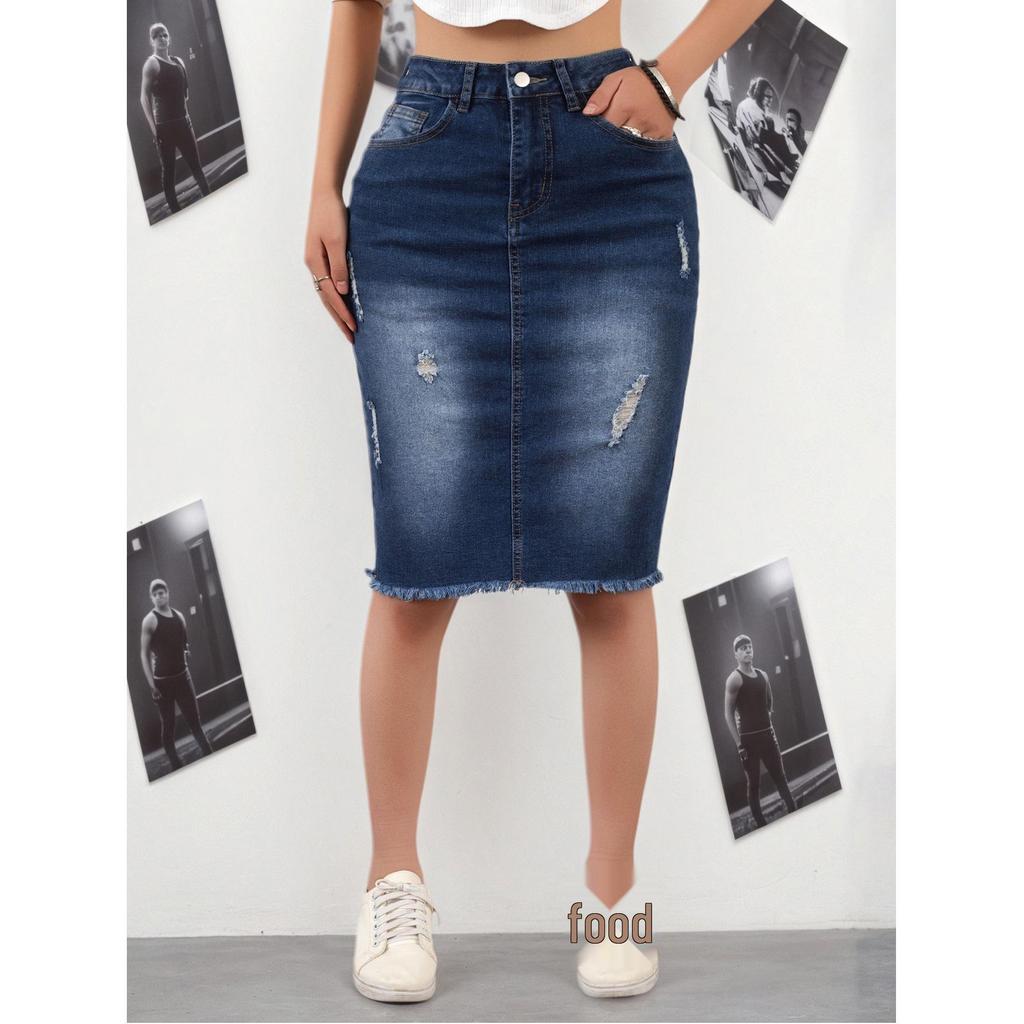 Women's Dark Blue Ripped Denim Midi Skirt - Casual, Versatile, Bodycon for Spring, Summer, & Autumn