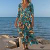 Dresses For Womens Vintage Print Tunic Waisted Midi Dress Summer Casual 3/4 Sleeve Dress