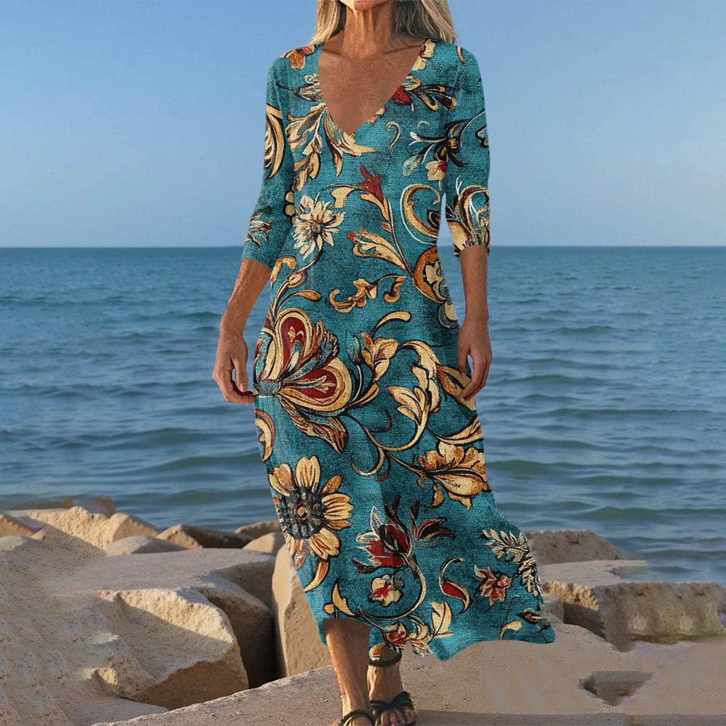 Dresses For Womens Vintage Print Tunic Waisted Midi Dress Summer Casual 3/4 Sleeve Dress