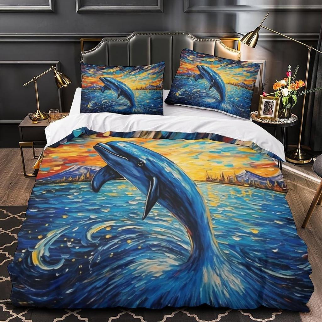 3D Printed Premium Oil Painting Dolphin Duvet Bedding Set, Children's Adult Bedding Set, Zipper with Pillowcase Bed Set, Double