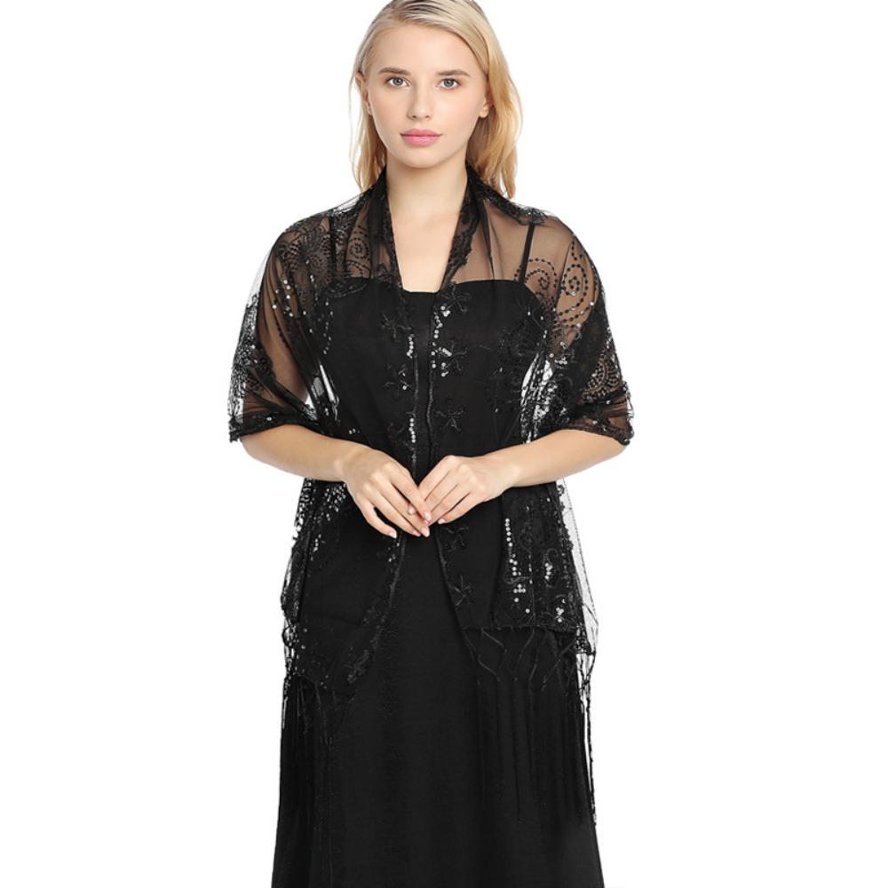 Women Evening Dress Wedding Shawl Solid Color Tassel Party Shawl Scarf Sequined Flower Chiffon Silky Scarf