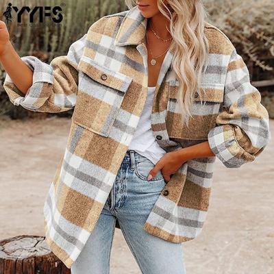 Women's Fashion Casual Plaid Print Autumn Winter Long Sleeve POLO Neck Jackets & Coats