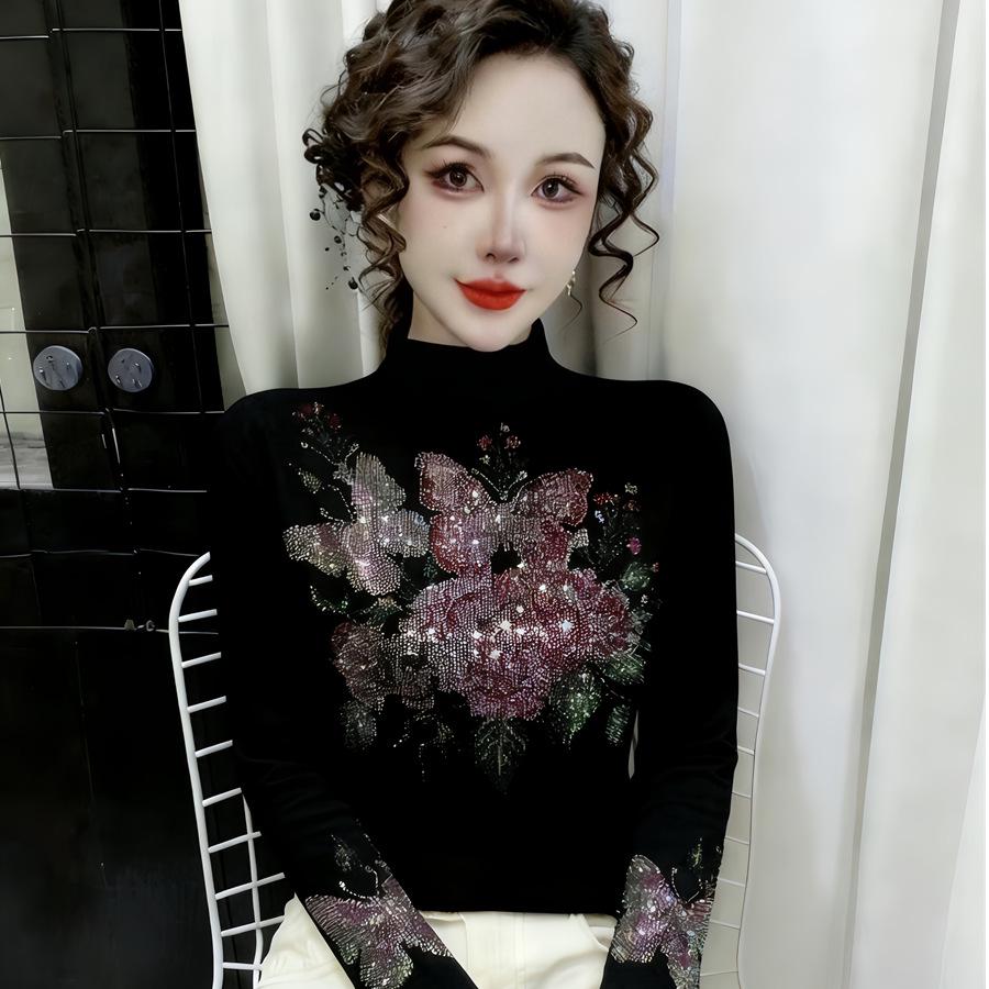 De Rong Women's Autumn/Winter Semi-High Neck Long-Sleeve Rhinestone T-Shirt