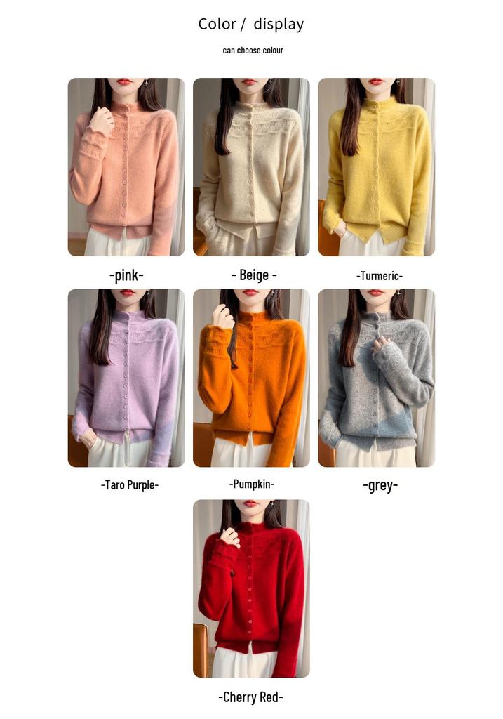 Velvet Knit Cardigan: Women's Half-High Collar, Thick Wave Pattern, Seven-Needle Crochet Sweater