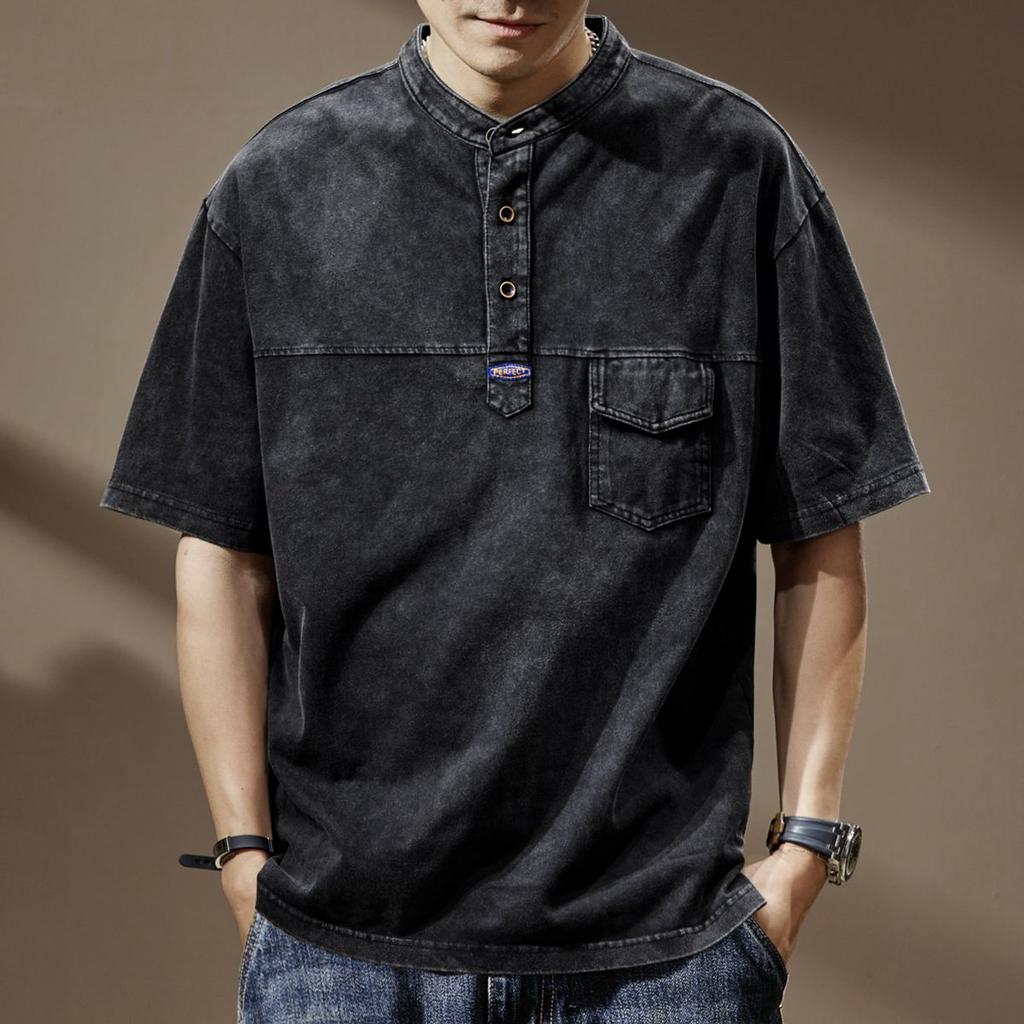 Men's T-shirt Short-sleeved Fermented Nostalgic Washing Polo Shirt High-end Loose Trendy Brand Round-neck Washing Old